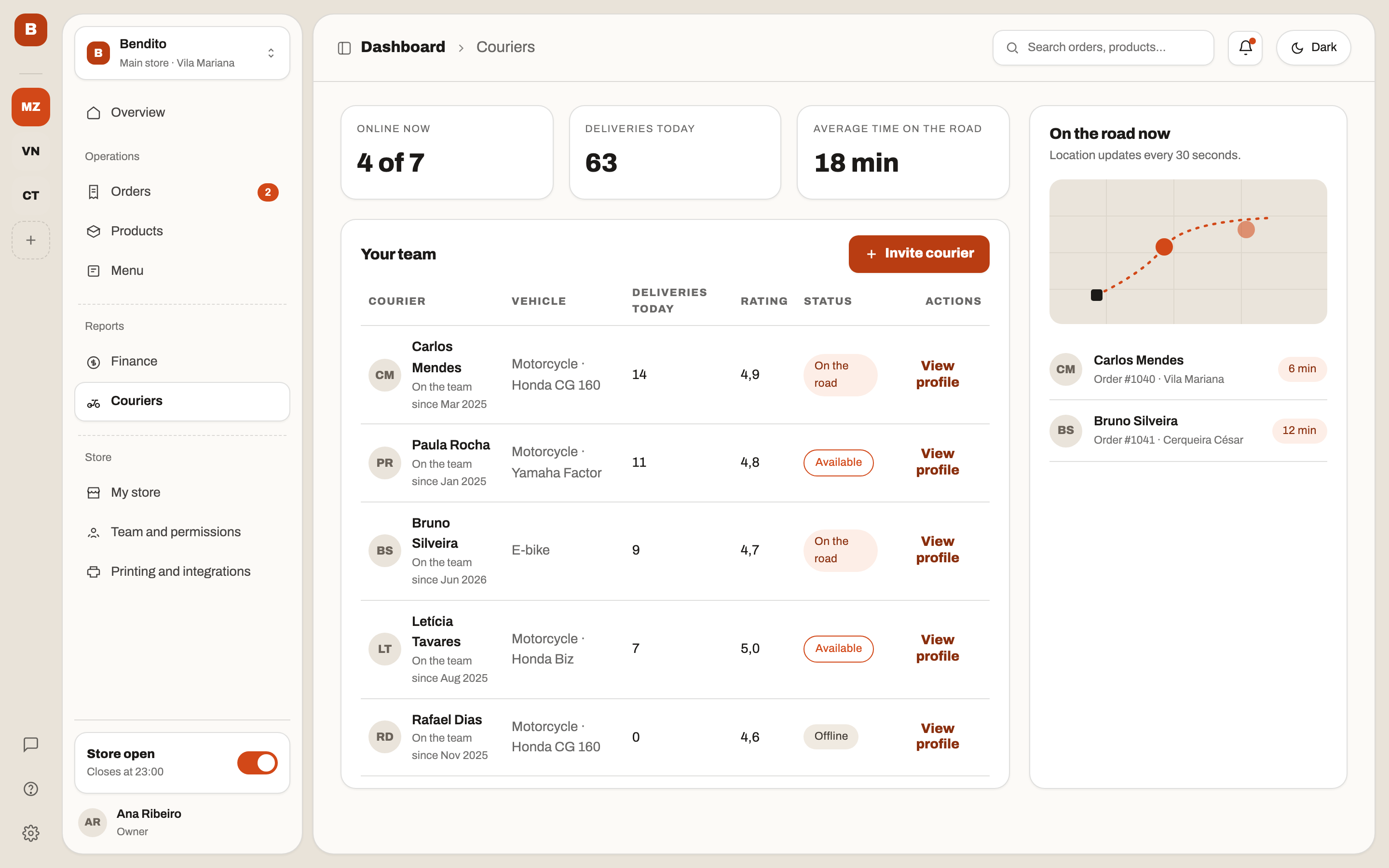 Couriers screen: your own team, routes and earnings