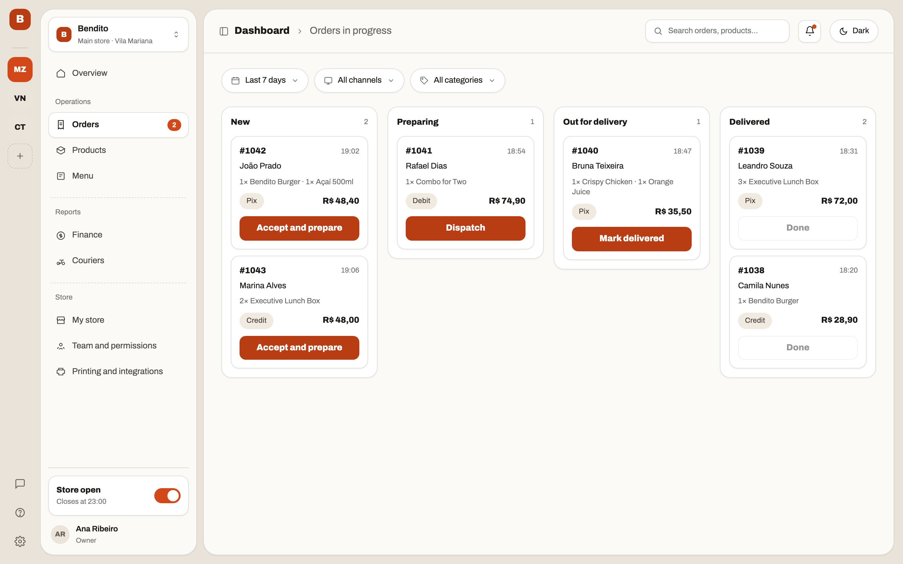Orders board: new, preparing, out for delivery and delivered